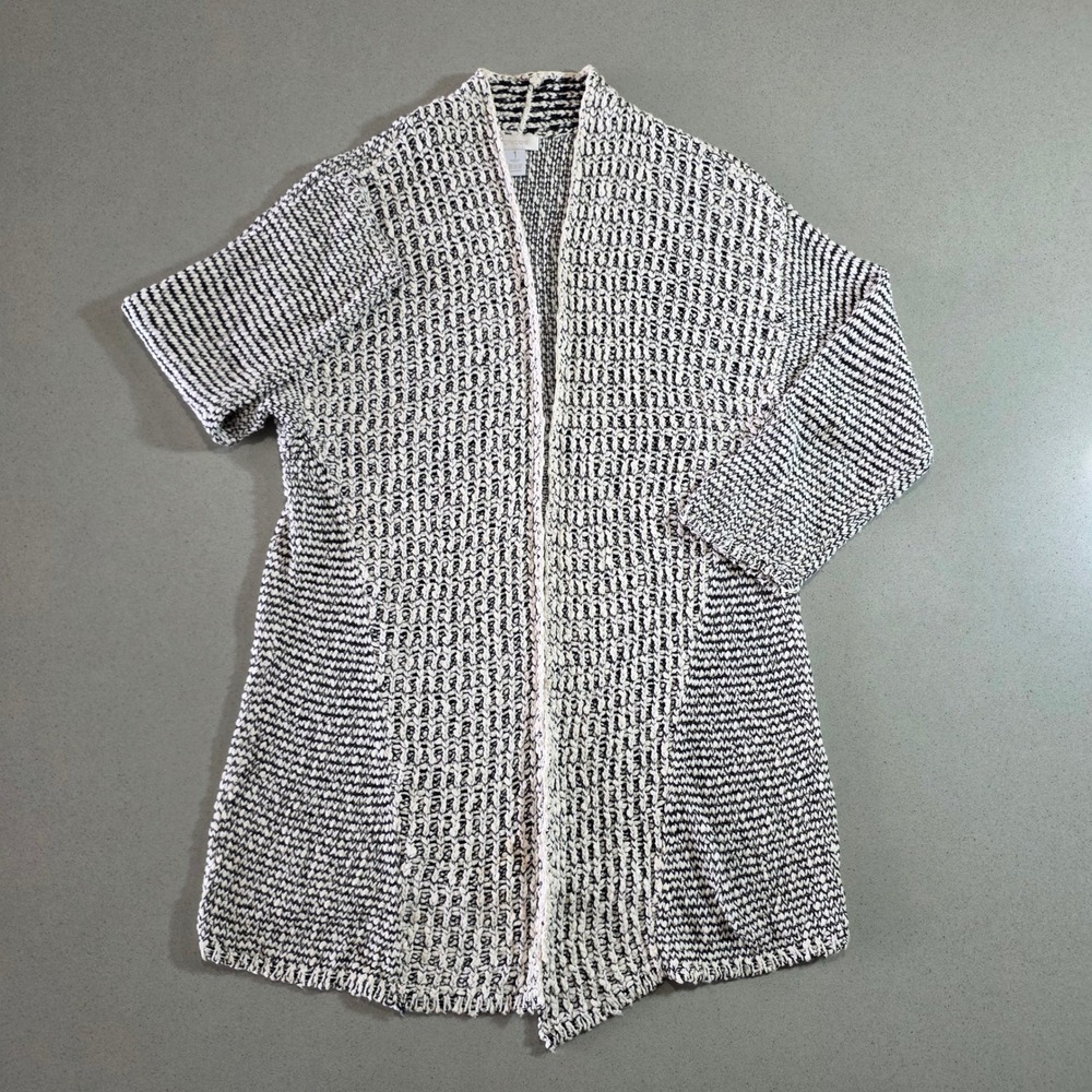 Chicos Women Black White Textured Knit Open Front Cardigan Sweater Size 1 M